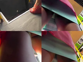 Gal in mini skirt accidentally flashes thong in upskirt