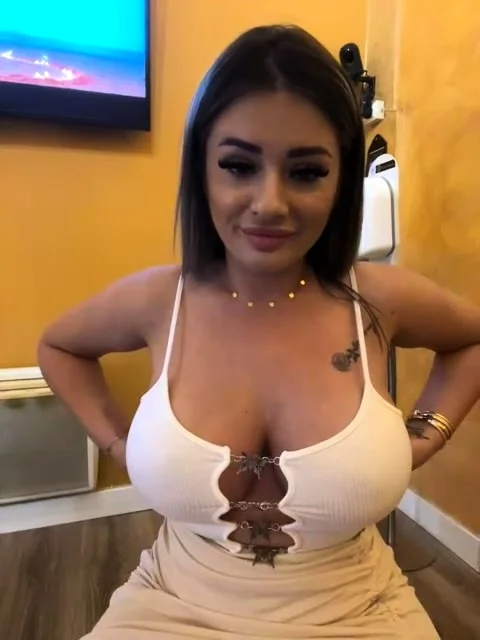 Busty curly brunette with big boobs fucks on couch