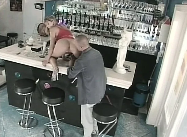 Alluring blonde seduces the bartender and has him pounding her holes