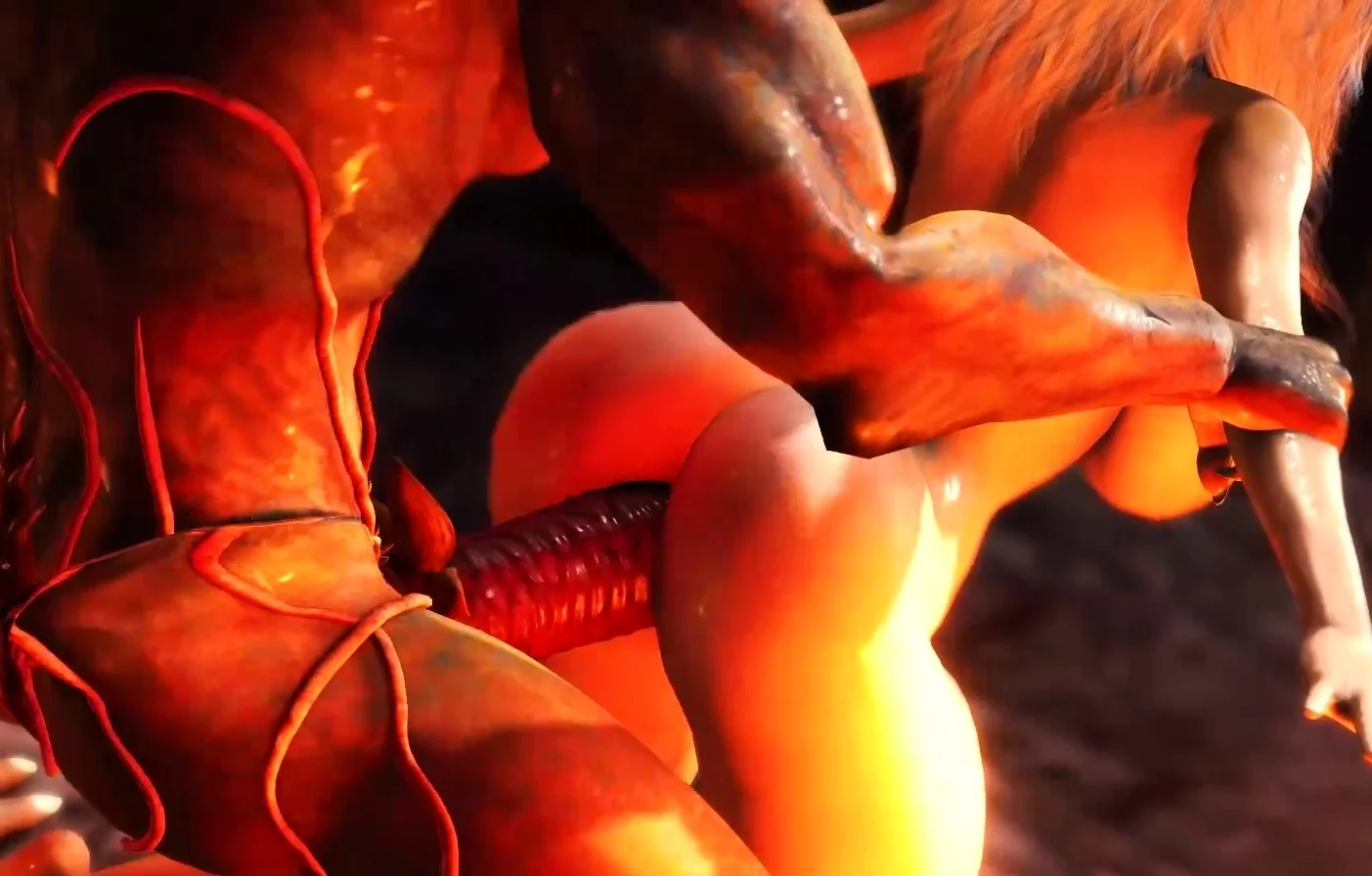 Alien fucks hard a sexy blonde in her ass in the fire cave