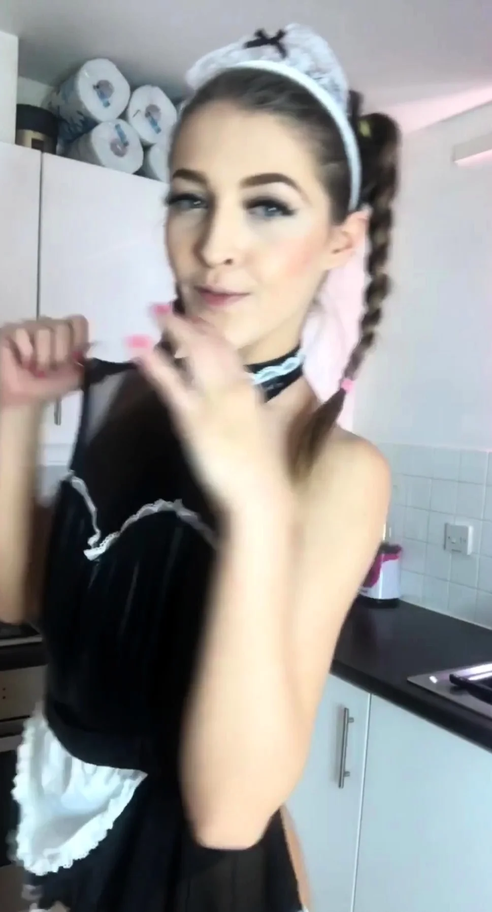 Brunette in uniform fucking in latex lingerie and glove