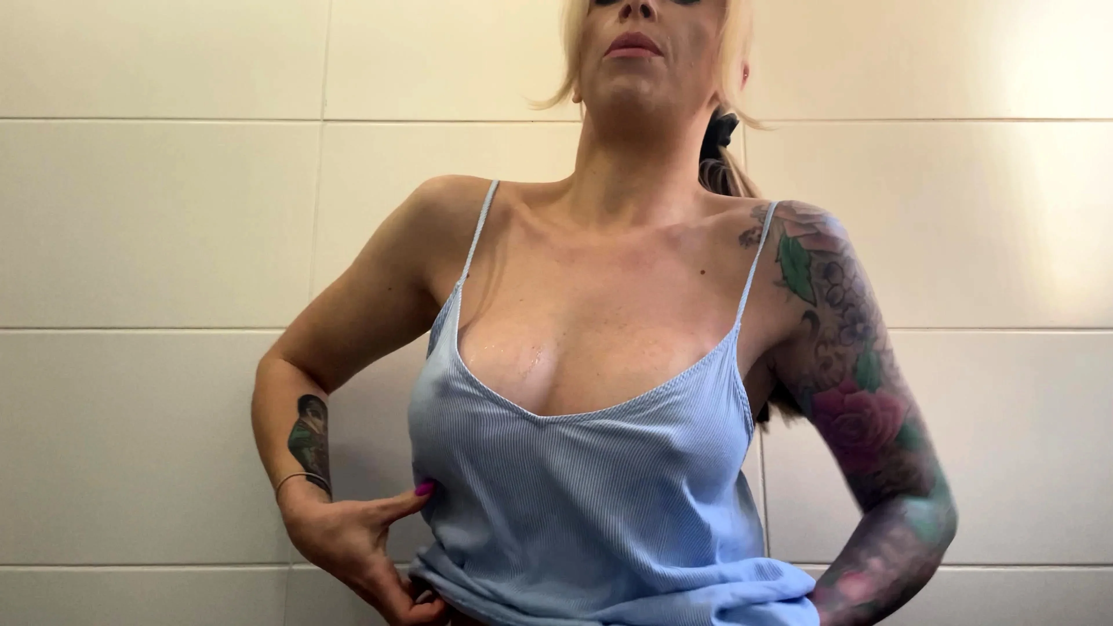 Big Boobed Blonde Masturbates With A Dildo In The Bathroom