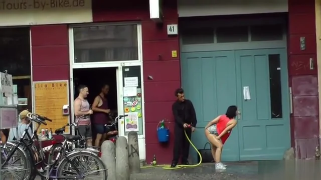 Big tits slave gangbang fucked in public