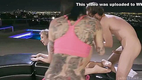 Lena Paul and Joanna Angel are having a gonzo threesome in the penthouse with a swimming pool