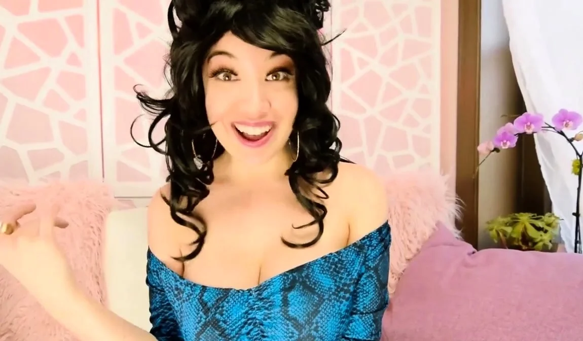 Busty curly brunette with big boobs fucks on couch