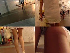 Tight mini skirt and funny panties in candid upskirt