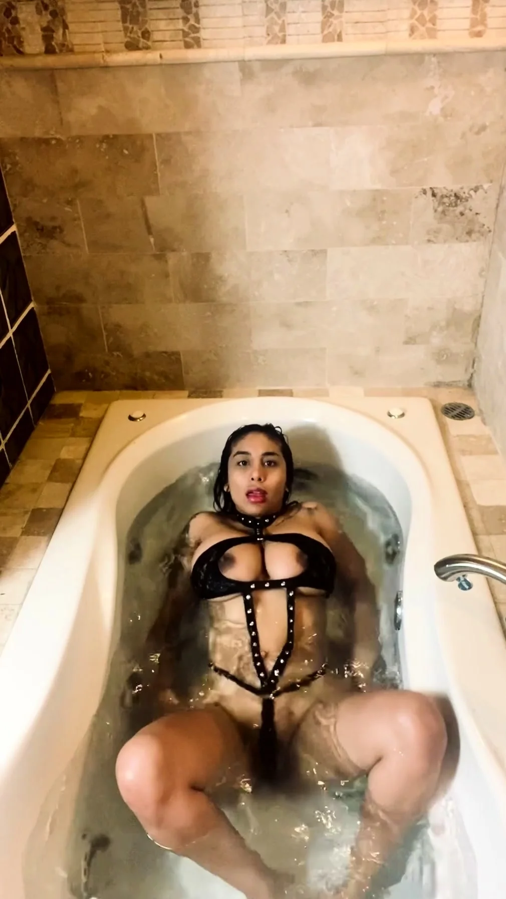 Hot babe with perfect big boobs taking shower
