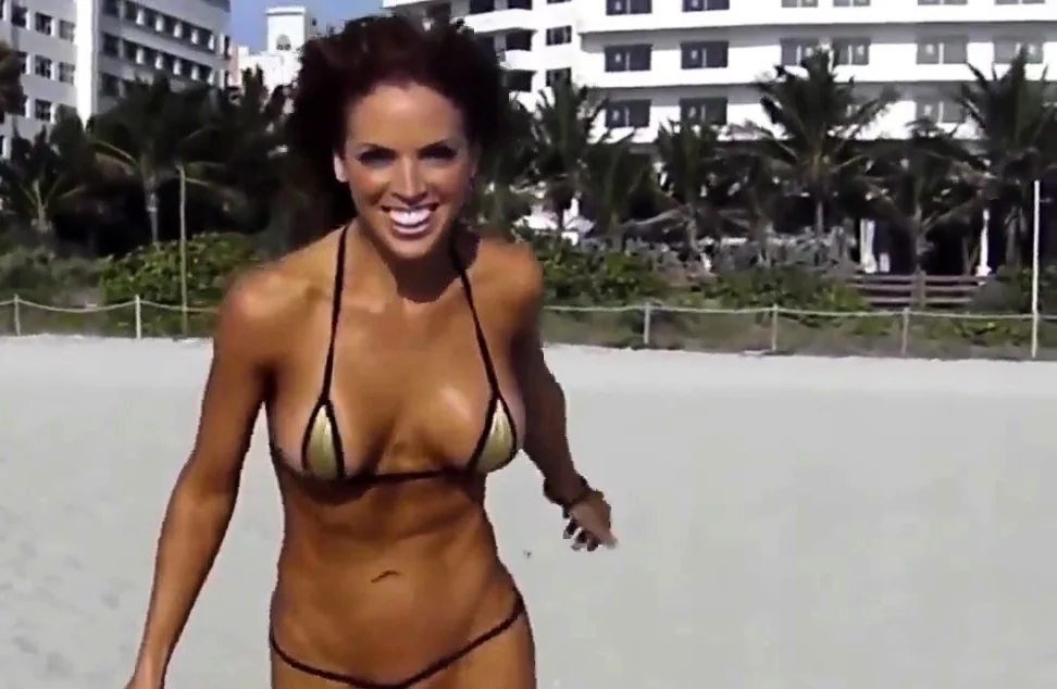 Extreme short bikini cameltoe string on beach