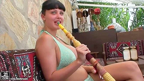 Gorgeous Aletta Ocean smoking hookah and posing