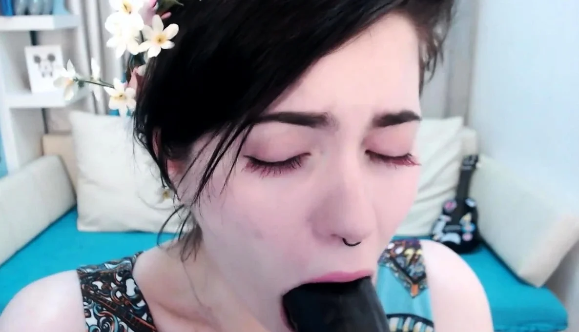 Teen angel loves to gag on the big black dildo