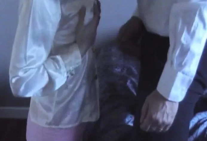 Skirt suit, satin blouse, panties, clothed cum on blouse