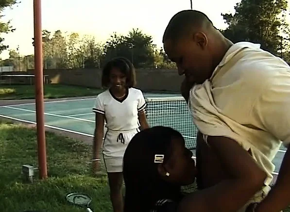 A couple of black tennis sluts each get an anal fuck from the pro