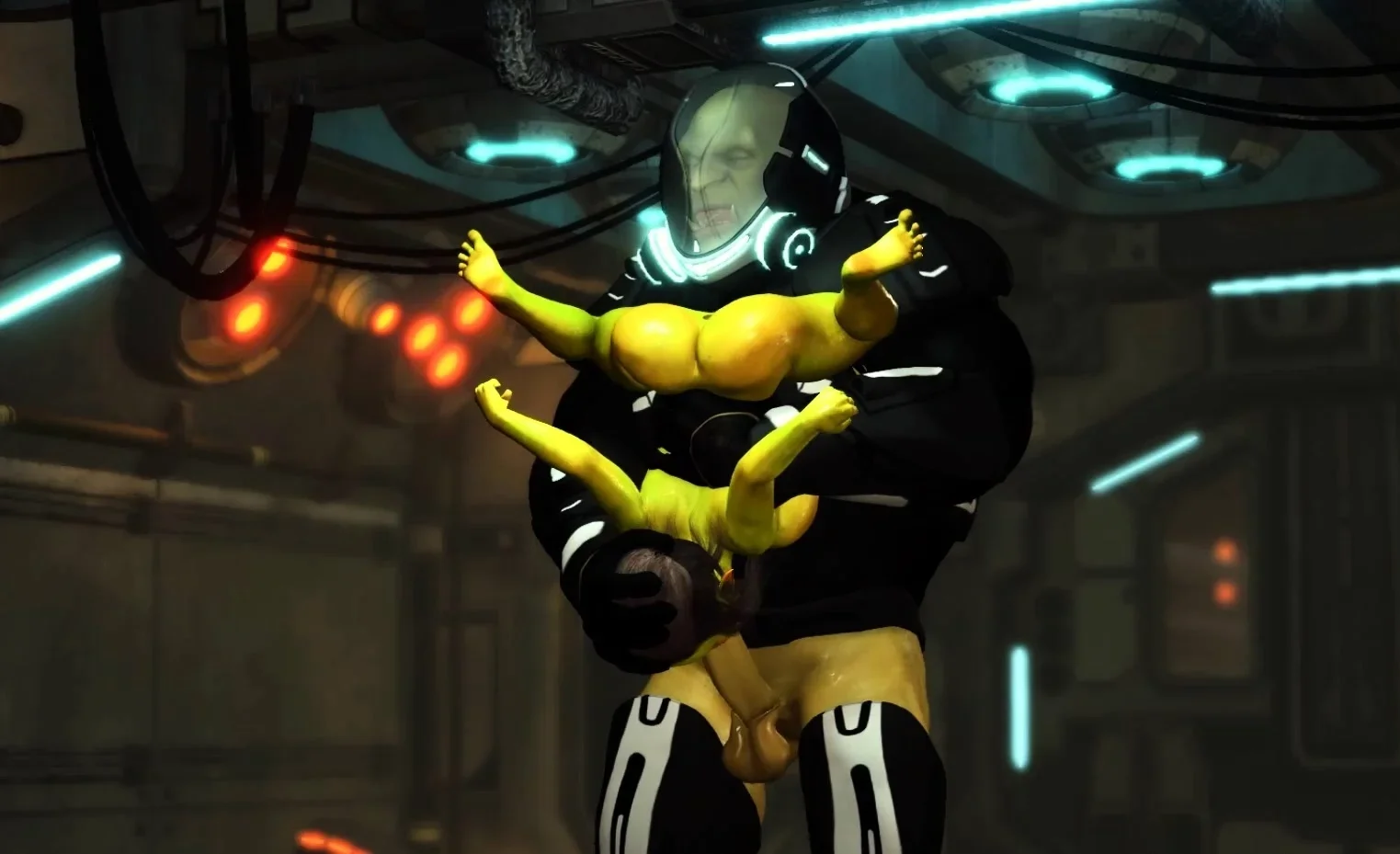 Female green alien gets fucked by a big monster in starship