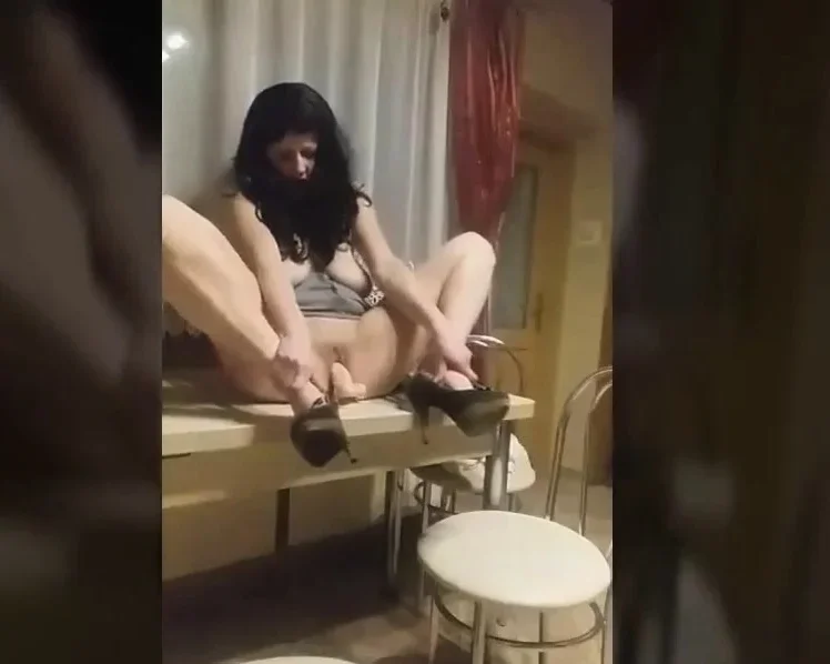 Horny Brunette Table Dildo Riding And Fucking