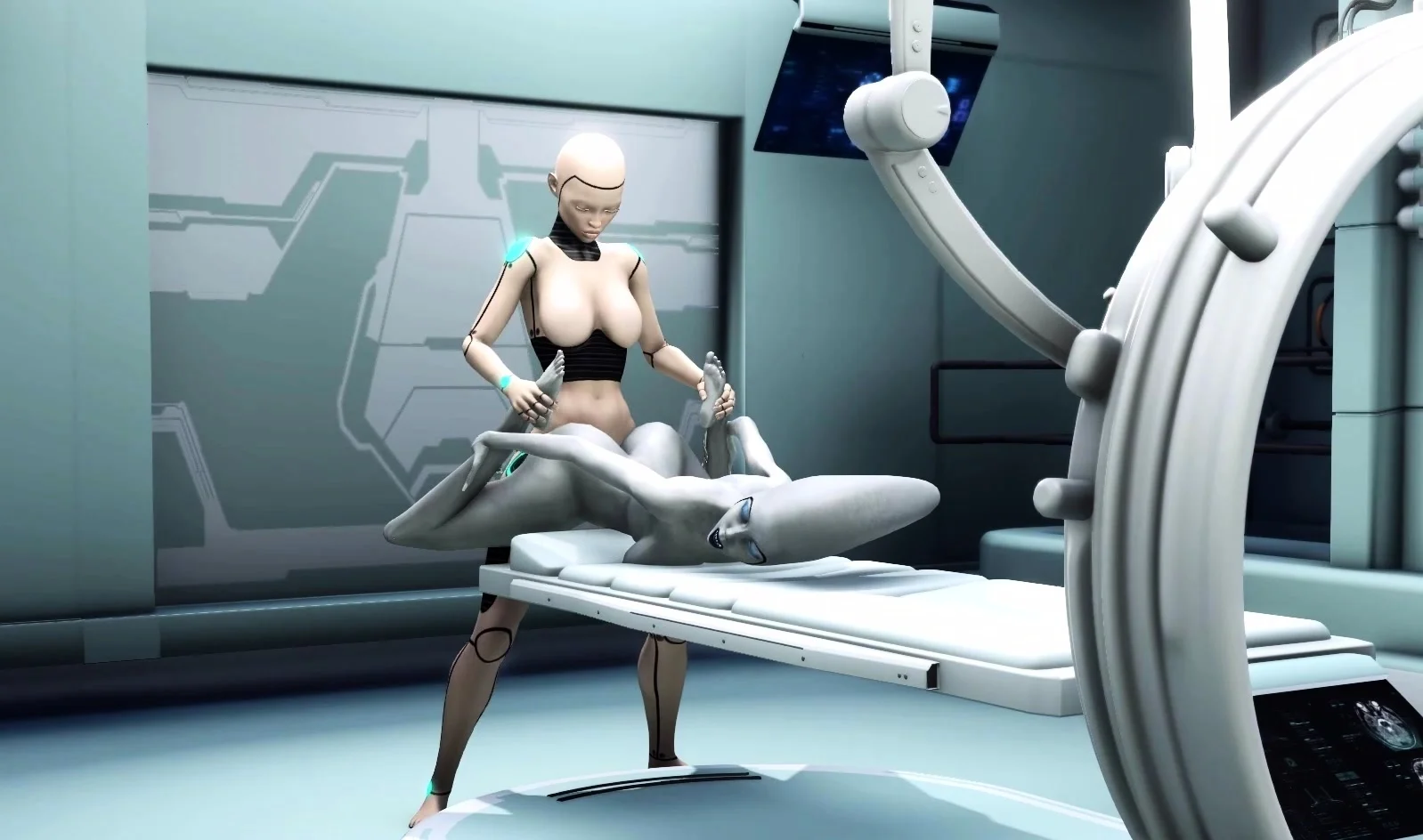 Female android plays with an alien in the lab