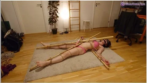Tickle & Vibrator Torture With Gag & Blindfold: Girl Spread Eagle Tied To Bamboo