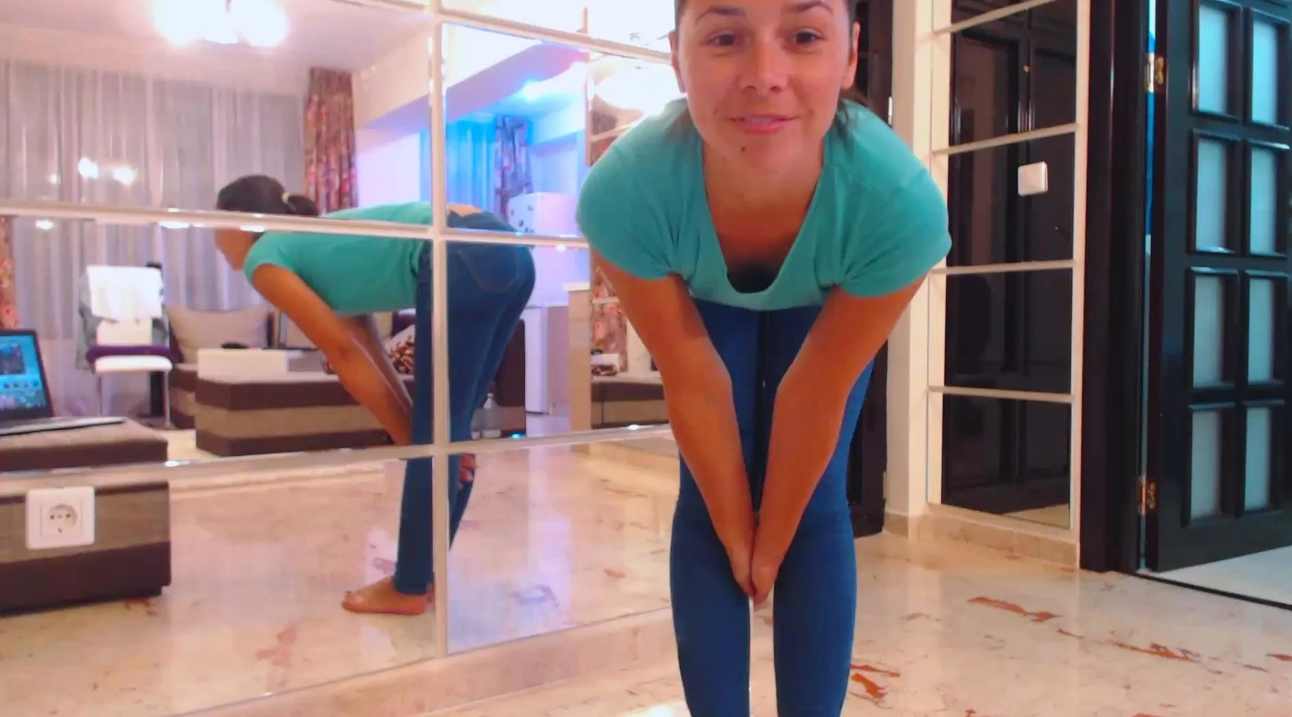 Brunette with foot fetish rubs big dick with her feet in POV