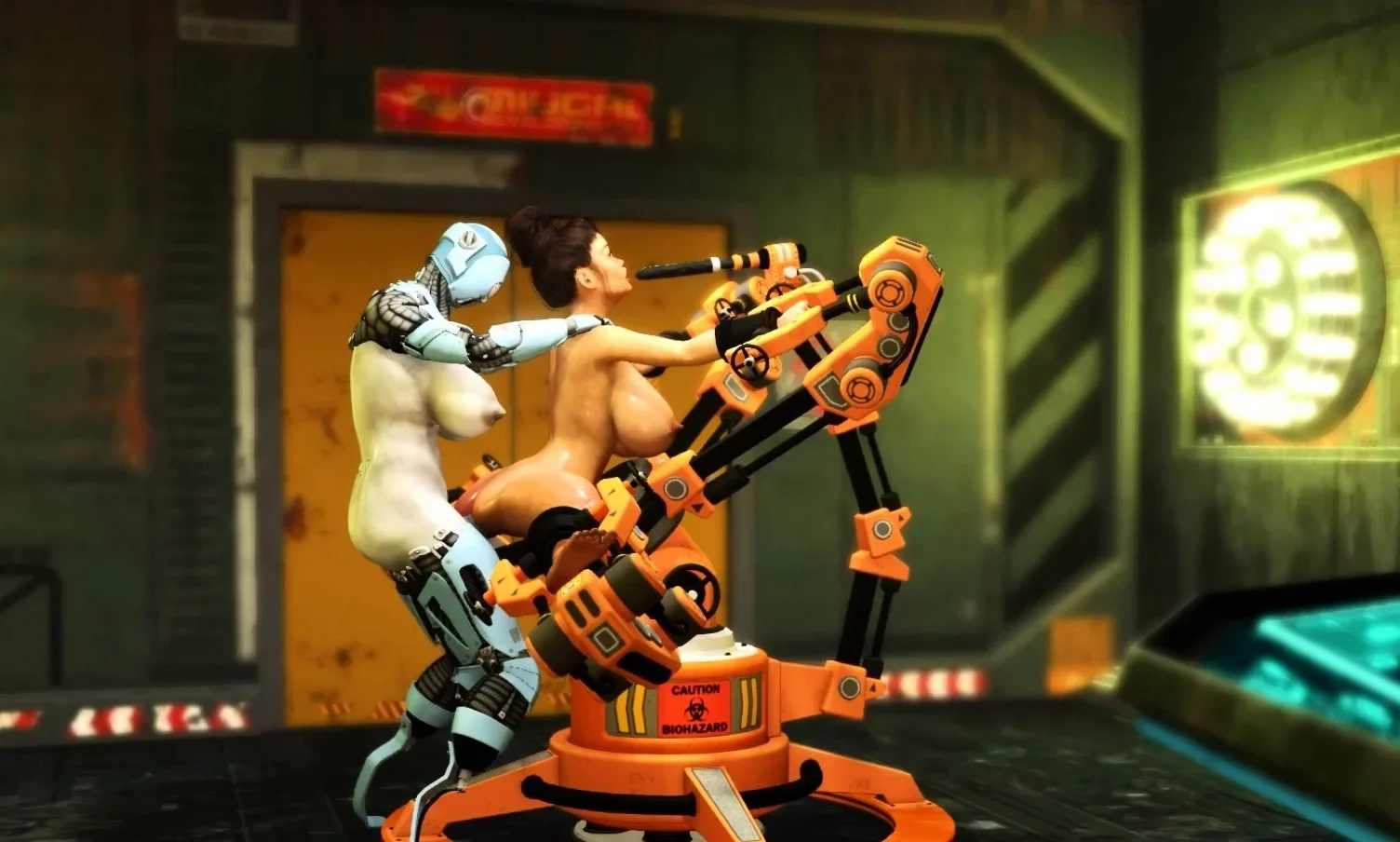 Robot shemale fucks sexy cuffed busty brunette in sci-fi lab