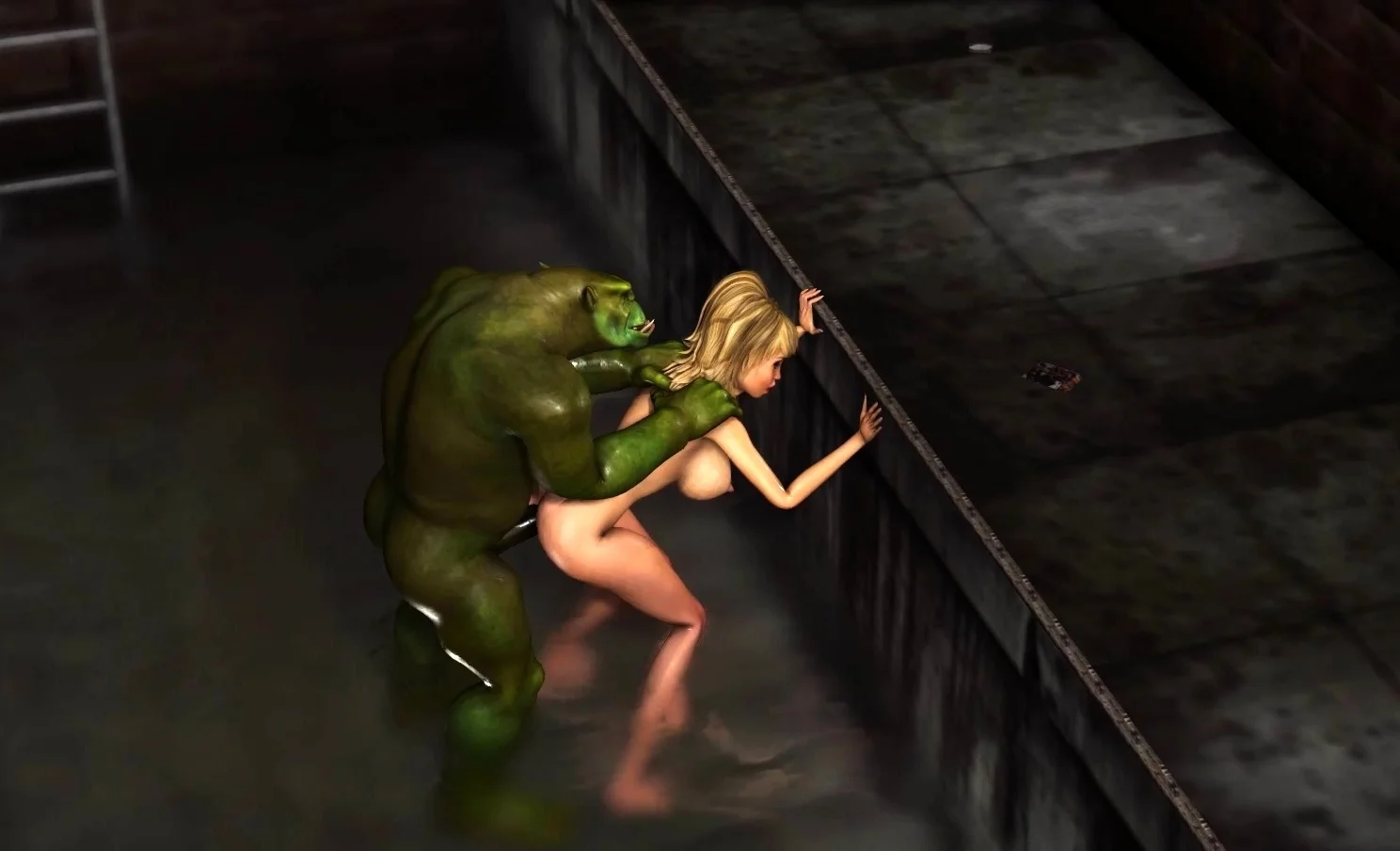 Green monster fucks hard a hot sexy girl in the sewer