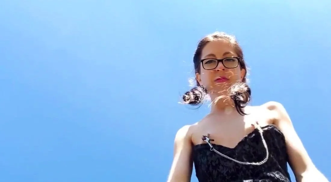 Outdoor BDSM Solo in Black Dress with Nipple Clamps and Butt