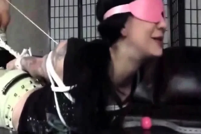Asian whore blindfolded, gagged and used as a cum dumpster