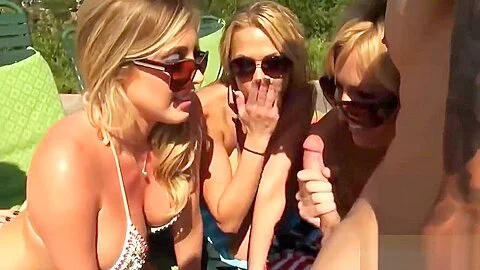Big boobs women sharing on one lucky hard cock outdoors