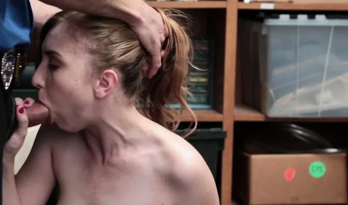 Petite teen shoplifter strips then blowjobs security officer