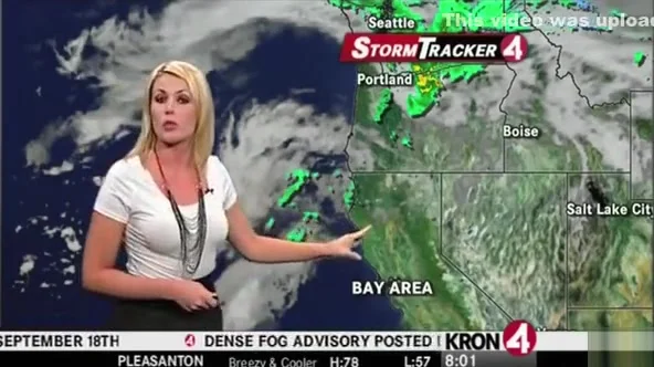 Weather commentator in skintight white tee shirt