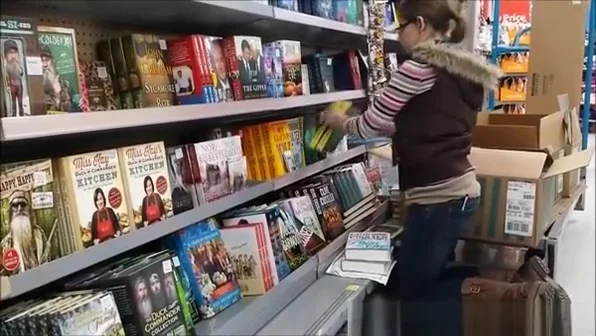 Supermarket woman in tight jeans