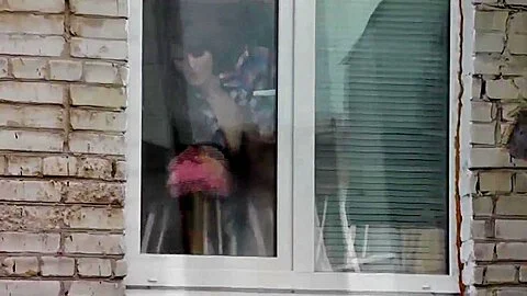 Naked Step mom washes window Step son spies on Step mommy. Naked in public. Spying