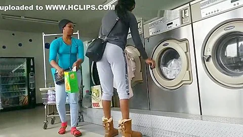 Laundromat Creep Shots 2 sluts with round asses and no bra