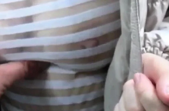 Touching tits in see-throu blouse in a market