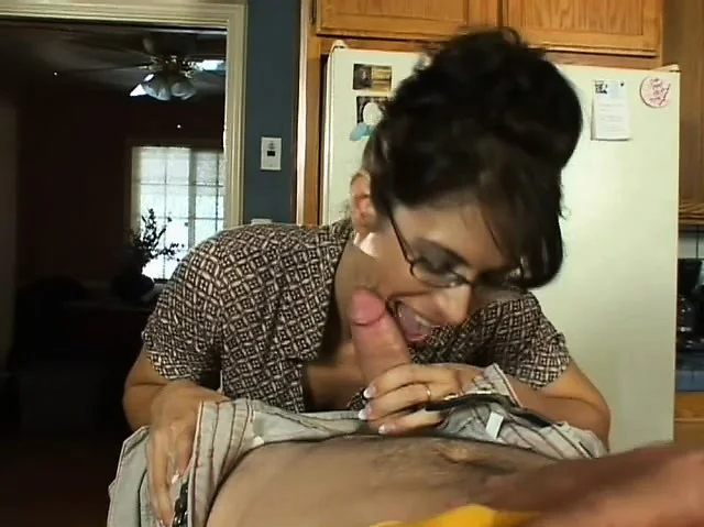 Lustful brunette mom seduces and fucks her son's friend in the kitchen