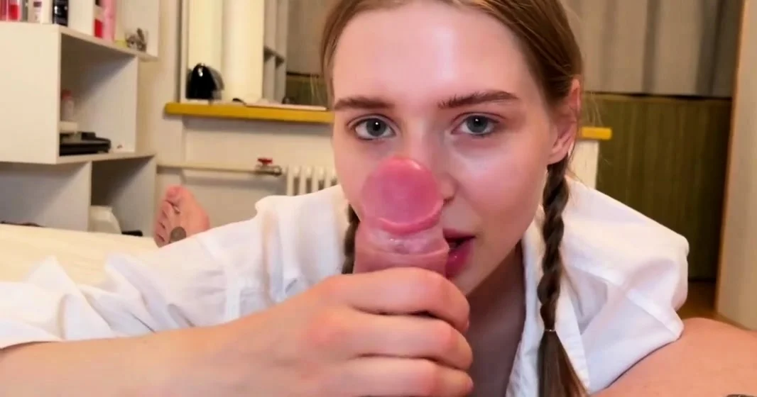 Cute girl with pigtails and suspenders sucks well