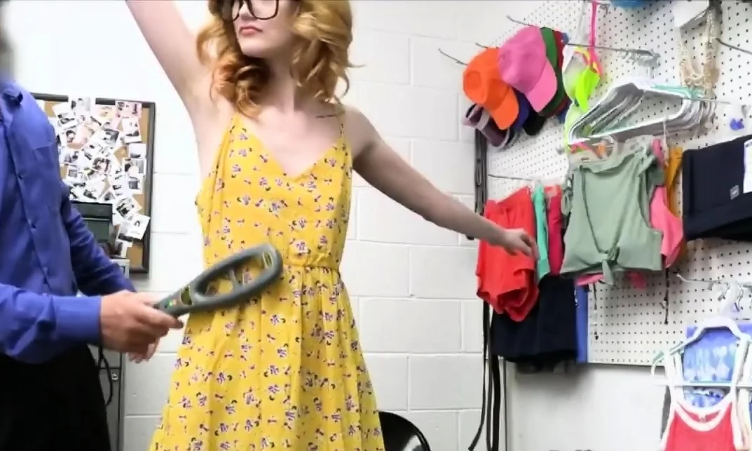 Nerdy blonde busted with stolen items so she gets fucked