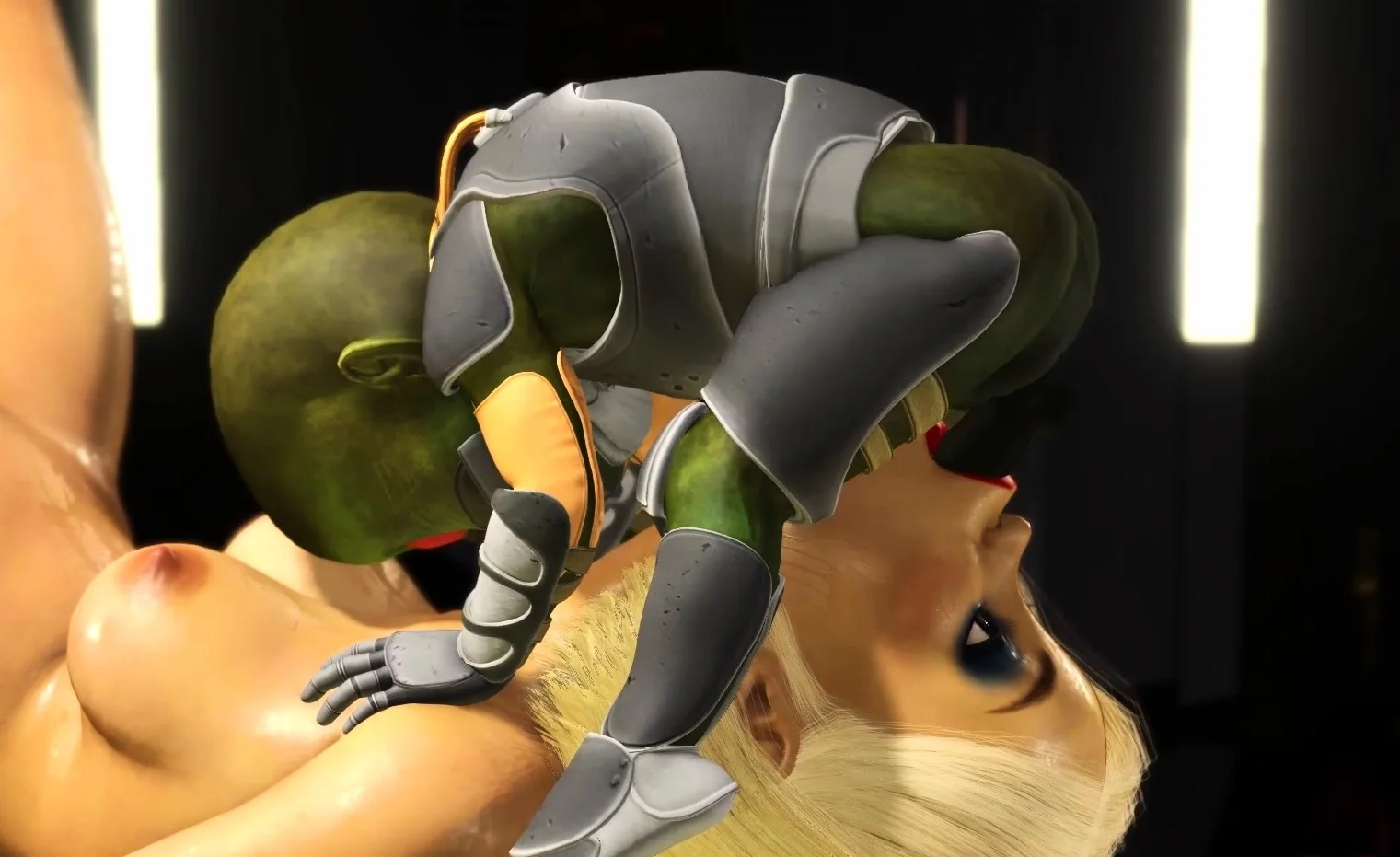 Sexy blonde has crazy fuck with a green alien in a spaceship