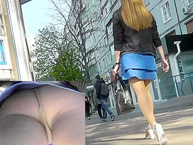 Upskirt video shows plump female in A-line skirt