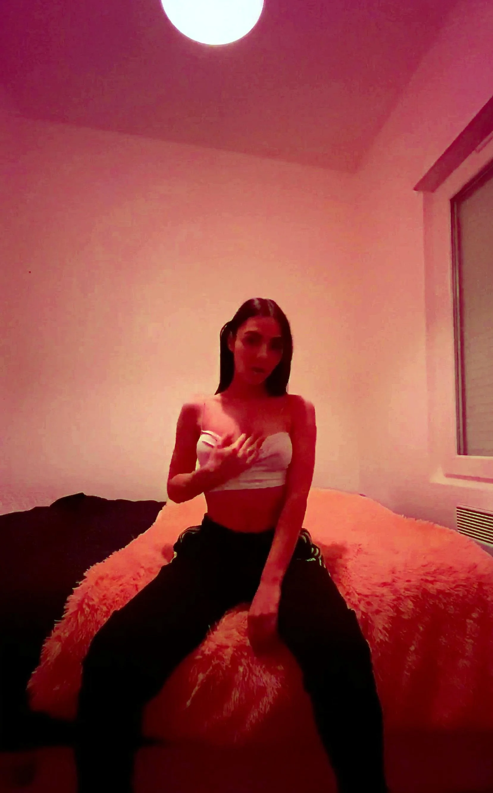 Brunette amateur babe strips off and masturbates