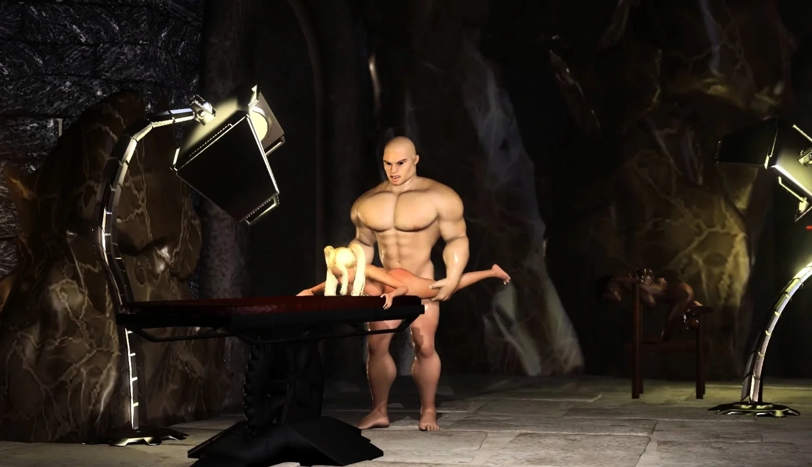 Big hercules plays with a young blonde in the dungeon