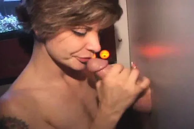 Provoking office manager blowing off hung strangers at the gloryhole