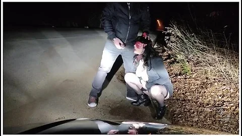 Piss Whore In Dog Collar Receives Golden Shower And Hot Cum In Her Mouth In A Public Road Interrupte