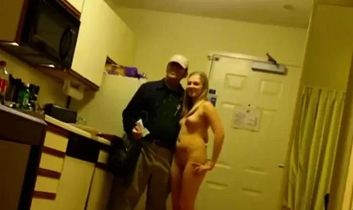 Blonde Girlfriend Posing And Flashing With Pizza Boy