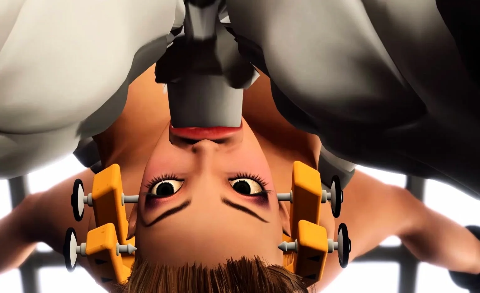 3d alien plays with a young cuffed woman in restraints