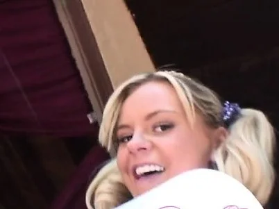 Hot blonde bombshell masturbates in the garden and the kitchen and gets her pussy fingered