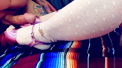 Cumshot on Pink Holo Pleaser Platform Heels with Pink OTK Socks